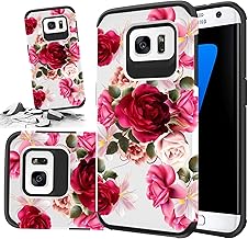 Red Floral Phone Case Compatible for [ Samsung Galaxy S7 [Shock Absorption] Dual Layer Heavy Duty Pink Rose Protective Girl Women Cover (Red- S7)