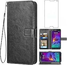 Asuwish Compatible with Samsung Galaxy Note 4 Wallet Case Tempered Glass Screen Protector and Leather Flip Cover Card Holder Phone Cases for Glaxay Note4 Gaxaly N910A Not Notes Four Women Men Black