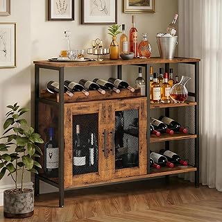 X-cosrack Wine Bar Rack Cabinet with Detachable Wine Rack, Coffee Bar Cabinet with Glass Holder, Small Sideboard and Buffet Cabinet with Mesh Door, Rustic Brown, Large