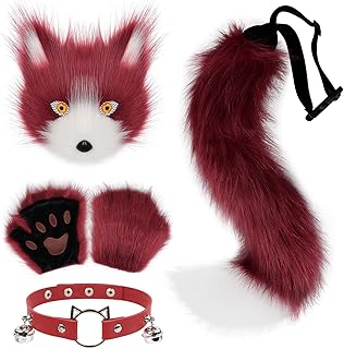 Faux Fur Fox Tail Cat Mask Paw Gloves and Leather Choker Costume Accessories Set for Halloween Cosplay Parties