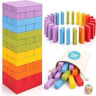 Wooden Stacking Building Blocks (49 Pcs) - Colorful Tumbling Blocks Board Games for Family Game Night - Montessori Toys Gifts, Includes Storage Bag