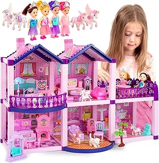 Dollhouse with 4 Princesses, 4 Unicorns, Dog, Furniture and Accessories - Pink and Purple Dream Doll House Toy for Little Girls - 5 Rooms w/Garden, Furniture and Accessories, Gift for Girls Ages 2-7