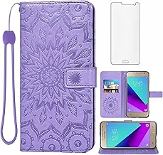 Phone Case for Samsung Galaxy Grand Prime J2 Prime Wallet Cases with Tempered Glass Screen Protector and Leather Flip Cover Card Holder Stand Cell Accessories Glaxay GrandPrime J2Prime Women Purple