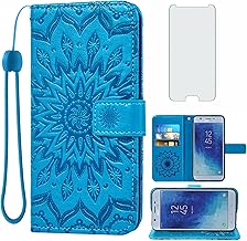 Phone Case for Samsung Galaxy J7 Star J 7 Crown 7J Refine 2018 J7V V 2nd Gen Wallet with Tempered Glass Screen Protector Leather Flip Cover Card Holder Stand Cell Glaxay Aura S767VL SM J737V Blue