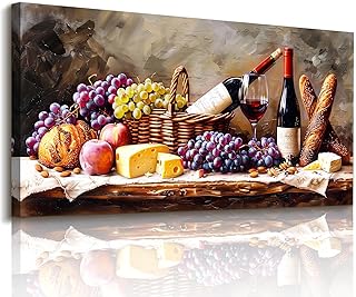 imjiayu Large Wall Art, Kitchen Wall Art, Wine Pictures Wall Decor, Framed Rustic Oil Painting Style Canvas Print, Grape Cheese Bread Still Life Wall Decor, Vintage Dining Room Home Bar Cafe Wall Art, 20"x40"