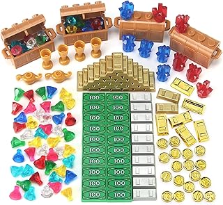 Treasure Accessories Money Building Blocks Set Jewel Chest, Gems Diamonds, Bullion Electroplated Gold Tile Silver Bar, Power Crystals, Coins, Goblet, 100 Dollar Bill Cash Toy Brick