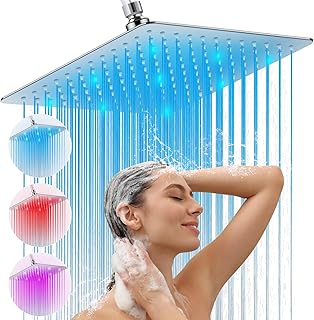 LED Shower Head, 12" Large Light Up Shower Head with Color Changing Lights and 360°Adjustable Brass Ball Joint, High Pressure Rainfall Square Fixed Showerhead Stainless Steel, Chrome