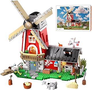 Windmill Farm Building Set with LED Lights, 1310 PCS Red Barn Building Blocks Toy with Cows Animals, Farm Model Building Bricks Set, Home Decor Gift for Adults Teens Kids Boys Girls