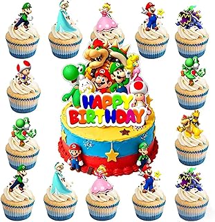 25Pcs Mario Cake Decorations with 24pcs Cupcake Toppers, 1pcs Happy Birthday Cake Topper, Super Bros Party Supplies, Perfect for Birthday Party Decorations