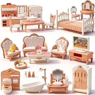 Dollhouse Furniture Set, 38 Pcs Miniature Doll House Accessories with Dogs and Cat ,Kitchen Bedroom Living Room Bathroom Furniture, Toy for Kids Ages 3+ Boys Girls, Great Gift Idea