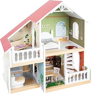 Small Foot Wooden Dollhouse with Roof Terrace & Furniture – Modern Open Front Doll House with Bedroom, Bathroom & Kitchen – Kids Role Play Toy for Ages 3+