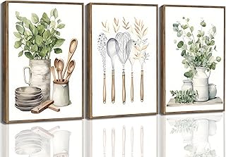 3 Pcs Framed Farm Sage Green Farmhouse Kitchen Canvas Wall Art Minimalist Dining Room Eucalyptus leaves plant Painting Pictures Wall Decor Poster Print Artwork For Dining Room kitchen Home Decoration