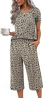 Ekouaer Women's Pajama Sets Short Sleeve Sleepwear Button Up Pj Loungewear Top and Capri Pants with Pockets