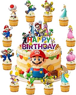 Bros Cake Toppers,25Pcs Set with 24 Cupcake Toppers and 1 Happy Birthday Cake Topper, Video Game Birthday Party Decorations Supplies