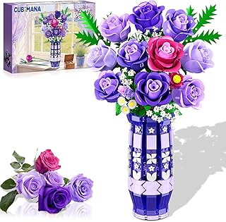 Purple Roses Flowers Building Set with Vase & LED Light, 17 Mini Flowers Bouquet Building Blocks Toy for Adults, Artificial Flowers for Home Office Decor & Display, Gifts for Women & Men