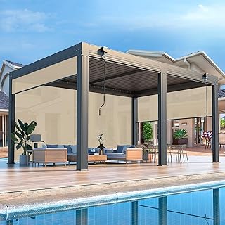 MELLCOM 12x16ft Louvered Pergola with 6-Panel Pull-Down Screen, Aluminum Pergola with Adjustable Rainproof Roof for Patio, Lawn & Garden, Dark Gray