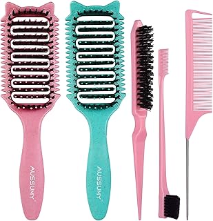 2 Pack Curly Defining & Detangling Brush - With Boar Bristle & 3 Styling Comb Tools – Shine to Shape & Define Natural Curl Waves & Coils - Vented Anti-Frizz Wet or Dry Hair for Women Men Kids