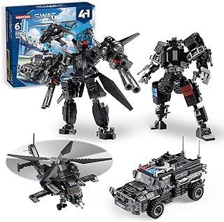 SWAT Police Mech Building Sets Compatible with Lego, 926 Pieces Transforming Police Truck and Helicopter to 2 Poseable Robots, STEM Gift for Kids Boys and Girls Ages 6-12