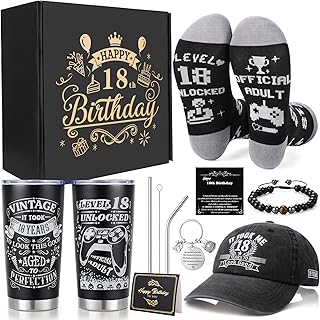 18th Birthday Gifts for Boys 6 Pcs Gift Set Includes Baseball Cap, 20 Oz Tumbler, Funny Socks, Bracelet, Key Chain and Cards with Gift Box for Son, Nephew, Grandson, Brother