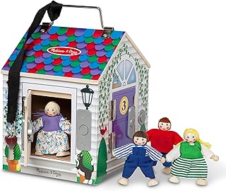 Melissa & Doug Take-Along Wooden Doorbell Dollhouse - Doorbell Sounds, Keys, 4 Poseable Wooden Dolls Portable Doll House, Doorbell House for Kids Ages 3+