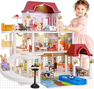 TUZT Doll House with 45 Pcs Furniture and Accessories, 3-Story with 4 Animal Dolls, Food Cooking Set, Warm Lights, Pool Slide and Movable Elevator, Pretend Play Dream Dollhouse for Girls 3+
