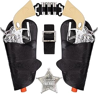 ArtCreativity Cowboy Toy Gun Holster and Belt 9 Piece Set for Kids. 2 Toy Pistols, 1 Sheriff Badge, 2 Gun Holsters, and 3 Play Bullets, 1 Adjustable Belt, Old Western Action Belt for Sheriff