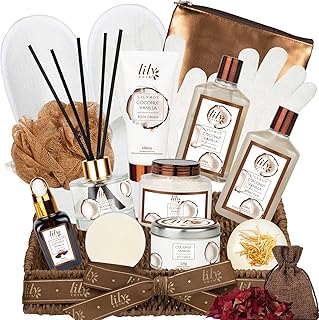 Gifts for Women & Men, Birthday Gift Basket, Premium Coconut Vanilla Spa Gift Basket for Women, Bath and Body Spa Gifts for Mom & Dad, Gifts Designed for Fathers Day, Mothers Day, Christmas
