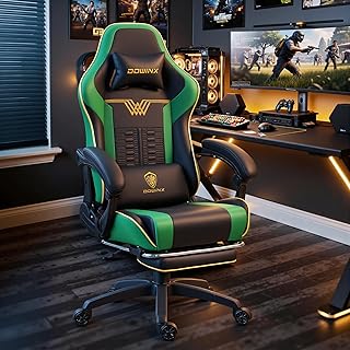 Dowinx Big and Tall Gaming Chair 350LBS, Racing Style Ergonomic Computer Chair with Side-Mounted Recline Control, Footrest & Massage Lumbar, High Back Chair with Embroidered Design for Work, Green