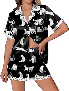 Ekouaer Womens Silk Satin Pajamas Set Animals Print Pjs Button Down Short Sleeve Lounge Set 2 Piece Sleepwear