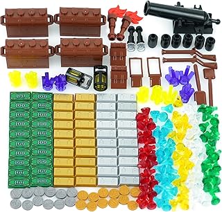 Pirates Treasure Chest Money Dollars, Silver Golden Gems Crystals Bag Torch Cannon Bricks Accessories Pack, Building Blocks Toys