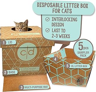 Disposable Litter Boxes for Cats Sampler Both Our Patented Products Woman Owned Small Bus. Made in USA Tray 8.5in. Tall Top Entry Litter Box 15in. Tall. 2021 A.I.C.C. Innovation Award