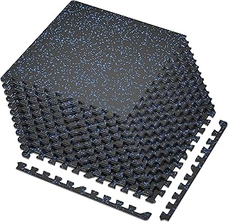 SUPERJARE 0.4'' Thick 12 Pcs 48 Sq Ft Rubber Top Exercise Equipment Mats, High Density EVA Foam Mats with Rubber Top, Interlocking Gym Flooring for Home Gym, Protective Workout Mat, Black/Blue