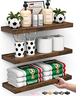BAYKA Bathroom Floating Shelves for Wall Set of 3 - Rustic Brown Farmhouse Wood Shelves Over Toilet for Bedroom, Kitchen, or Living Room Decor Display, Storage for Plants, Toilet Paper or Bath Towels