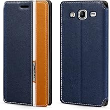 Classic Stripes Faux Leather Flip Case Compatible with Samsung Galaxy Mega 5.8 I9150, Invisible Magnetic Cover with Card Slot, Contrast Color Design(Blue)