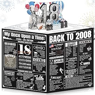Cool 18th Birthday Card Gifts for Son Boy, Large 3D Pop-up 18 Year Old Bday Card for Him Men Her, Best Happy Turning 18 Birthday Gift Ideas for Grandson Boyfriend, Back In 2008 18th Birthday Decorations, Black