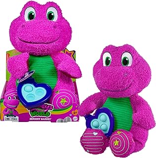 Fisher-Price Barney’s World Toddler Toy Sensory Barney 12.75-Inch Plush with Fidget Activity & Textured Details for Kids Ages 2+ Years