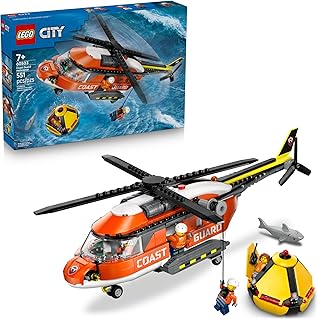 City Coast Guard Helicopter Building Toy for Kids - Pretend Play Emergency Response Set for Boys & Girls, Ages 7+ - Includes 4 Minifigures, Shark, & Rescue Pod - Gift Idea for Birthdays - 60503