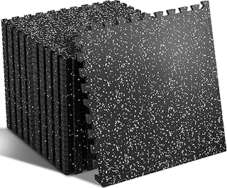 SUPERJARE 0.56'' Thick 12 Pcs 48 Sq Ft Rubber Top Exercise Equipment Mats, High Density EVA Foam Mats with Rubber Top, Interlocking Gym Flooring for Home Gym, Protective Workout Mat, Black/Grey