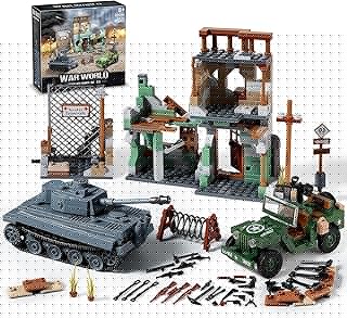 WW2 Military Base Building Set Compatible with Lego, 1135-Piece Army Base Kit with Tiger Tank, US Willys MB Vehicle and Ruined House, Birthday Gift Idea for Kids 8+, Teens, Adults and Collectors