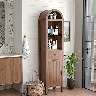 Lxsxlome 64" Tall Bathroom Storage Cabinet with Adjustable Shelves,Tall Narrow Arched Freestanding Tower Cabinet with Fluted Doors and Drawers,Space Saving Organizer for Bathroom Living Room (Walnut)