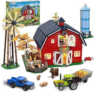 Western Farm Barn House Building Set with Lights, Newly Enhanced with Reinforced Structure, 1434PCS Red Barn Building Toy with Animals Horse Tractor Windmill for Adults Boys Girls 10+