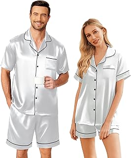 Couple Matching Pajamas Sets Silk Short Sleeve Button Down Sleepwear Satin Pjs Shorts Set Soft Loungewear S-XXL
