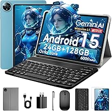 10 Inch Tablet, Android 15 with 24GB RAM + 128GB ROM (1TB Expandable), Octa-Core, 1280x800 IPS HD Touchscreen, 5MP+8MP Dual Camera, 6000mAh, Tablet with Keyboard, Mouse, Widevine L1(Blue)
