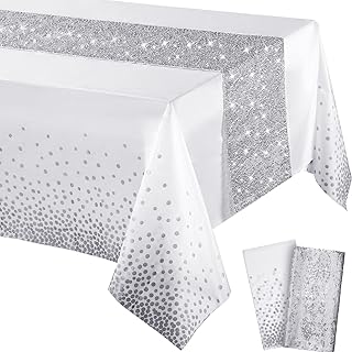 Irenare 2 Pcs White and Silver Tablecloth and Sequin Table Runner Set Polka Dots Confetti Table Cover Dining Plastic Tablecloths Glitter Decorations for Birthday Wedding Anniversary Party Supplies