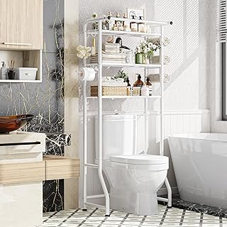 Simple Trending 3 Tier Over The Toilet Storage Rack, Metal Bathroom Shelf, Bathroom Stand Organizer Space Saver with Paper Holder and Hooks, White