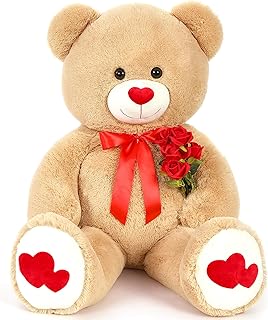 Tezituor Giant Teddy Bear 4 Ft - Big Stuffed Animal with Love Red Heart - Large Plush Toys for Kid Christmas Birthday - Valentines Bear Gift for Girlfriend, Brown
