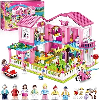 Friends Beach Pink House Building Sets for Girls 6-12, Seaside Villa House Compatible with Lego Friends, Come with 7 Minifigures Dolls, Motorcycle and Kitchen Accessories, STEM Educational