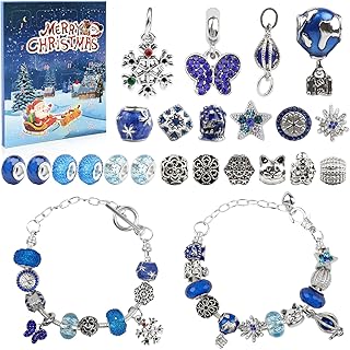 Christmas Advent Calendar 2026, 24 Days Christmas Countdown Calendar with 2 Bracelets and 22 Blue Dreamy Charm Beads, Unique Cute Cartoon Blind Box for DIY Bracelets Jewelry Making Kit Gift
