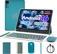 CUPEISI Android 16 Tablet 10 Inch, 20GB RAM+128GB ROM/ 2TB Expandable, 2.0GHz Octa-core Processor, 1280*800 HD Screen, 5G WiFi6 BT 5.0, 2 in 1 Tablets with Keyboard Case Mouse Stylus, Widevine L1 Blue