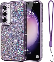 Lafunda for Samsung Galaxy S23 Case Glitter, Luxury Shiny Bling Sparkly Bumper Cover with Strap Crystal Diamonds for Women Girls Soft Shockproof Protective Phone Case for Samsung Galaxy S23, Purple